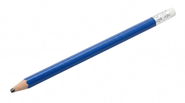 Blue wooden pencil with eraser at the end for writing and drawing isolated on transparent background
