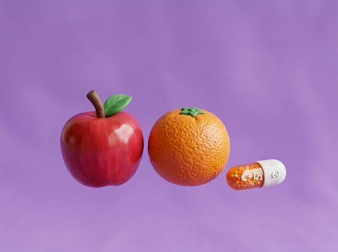 3D Clay Apple Orange and Vitamin C+D3 Capsule Illustration
