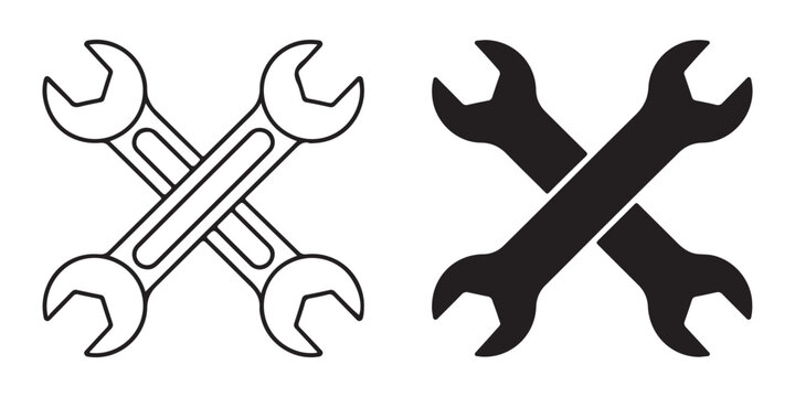Crossed metallic wrenches linear and solid black outline icons representing mechanical service and repair.
