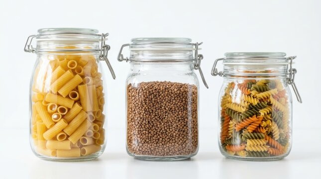 Three glass jars with airtight lids filled with different types of pasta and buckwheat grains isolated on white background