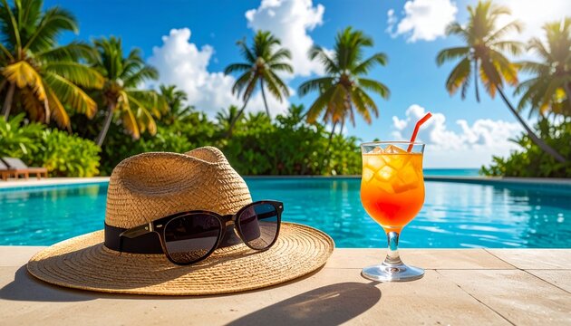 Tropical summer vacation by a turquoise swimming pool
