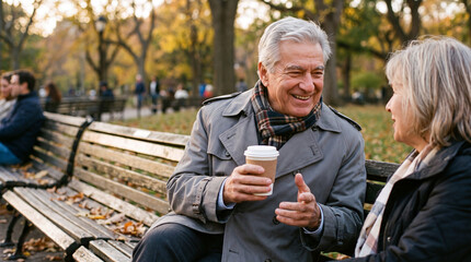 Fototapeta premium A content senior man enjoying coffee on an autumn park bench for peaceful fall lifestyle and healthy social wellness content.