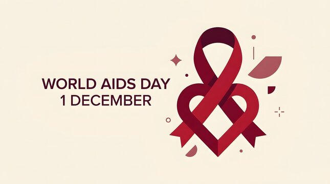 World aids day banner with red ribbon heart symbol, 1 december awareness concept, flat vector illustration on cream background