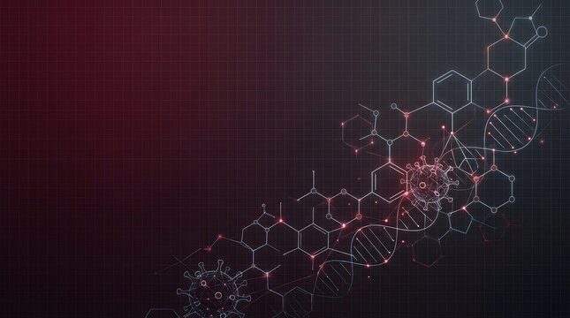 Abstract scientific background with dna strands, chemical structures, and virus particles on a dark grid backdrop