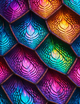 Dragon scale texture pattern, iridescent surface detail, close-up macro, vibrant color shift quality