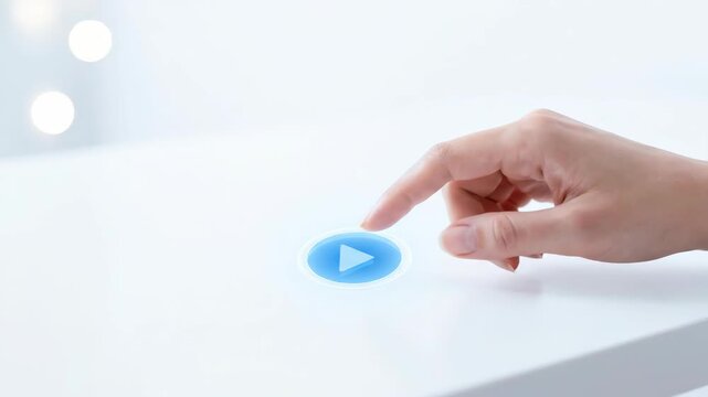 Modern work lifestyle with human hand pressing glowing digital pause button clean white interface, supporting productivity, thoughtful technology use, control, focus, innovation and convenience