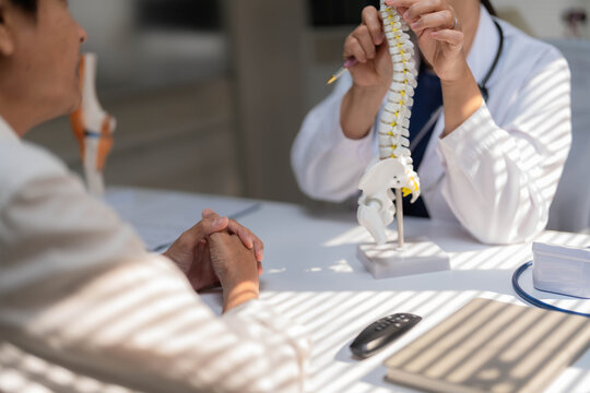 Asian Female Orthopedic Doctor Demonstrating Spinal Model to Patient in Office