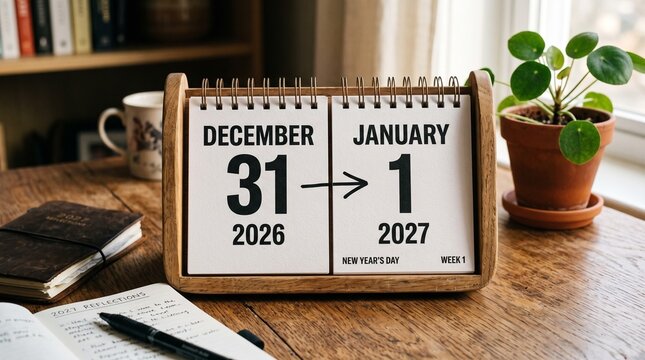 Desk calendar showing the date transition from December 31 2026 to January 1 2027. Spiral planner with pen and notebook on a wooden table. New Year business planning and time management concept