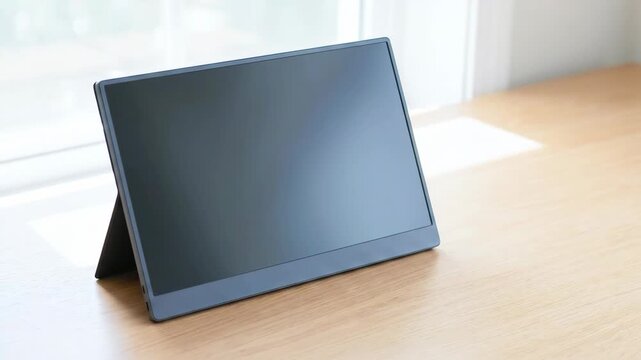 Portable Monitor Wooden Desk for Modern Work Lifestyle, Clean Screen Display, Flexible Computer Workspace Setup, Remote Office Productivity, Minimal Home Office Design, Bright Window Daylight