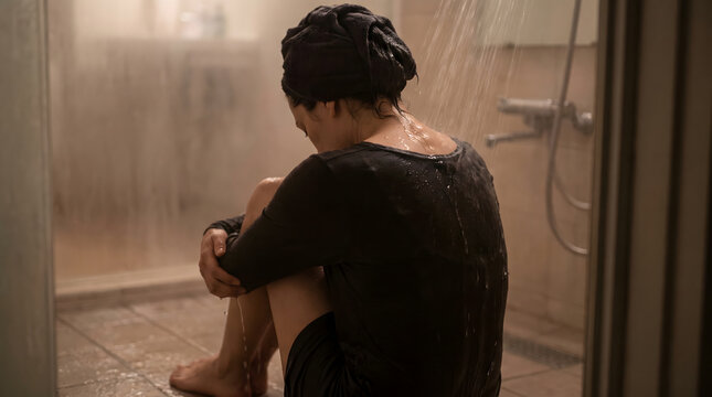 Anxious woman sitting on bathroom shower floor hugging knees suffering from severe depression and life crisis
