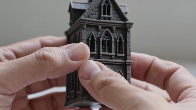 A close-up shot of two hands holding and rotating a small, intricately detailed miniature Gothic-style building &mdash; resembling a haunted church or manor tower