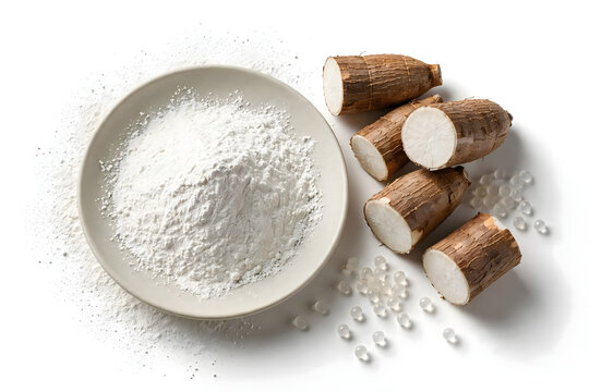 Tapioca Flour Starch Powder with Cassava Root and Pearl on White