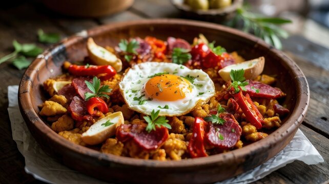 A dish of Spanish cuisine, Huevos Rotos, which is a hearty skillet dish with fried potatoes, spicy chorizo sausage and ham, topped with a fried egg with a runny yolk.