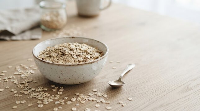 A ceramic bowl filled with rolled oats sits on a wooden table. A small spoon rests beside the bowl, and additional oats are scattered around.