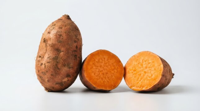 Whole and sliced sweet potato isolated on white background