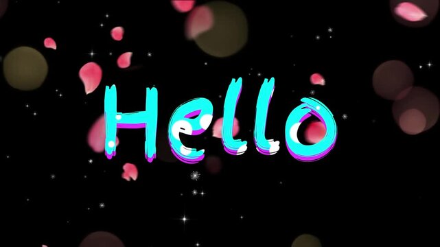 Typography spelling hello appears in vibrant cyan letters on a dark festive background decorated with soft glowing bokeh lights and gentle falling pink flower petals.