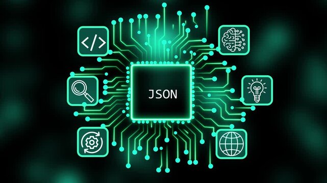 A glowing neon JSON concept surrounded by smaller icons for ai. agentic icon surrounded by smaller icons for ai and manufacturing process management.