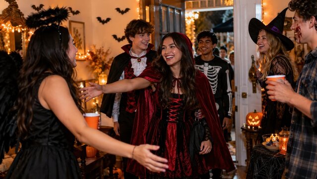 Happy Diverse Group of Friends Greeting Each Other at a Halloween House Party Entrance Wearing Costumes for a Festive Seasonal Social Celebration