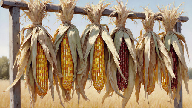 Corn cobs hanging on a wooden rack in a sunny field On the topic of the corn harvest season
