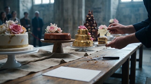 Pastry chef arranging cakes on a wooden table in a rustic venue - State Day exhibition