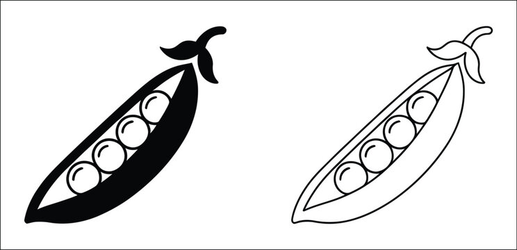 Green peas and edamame soybean vector icon collection in minimalist black and orange silhouette line art, representing organic farming, healthy nutrition, vegetables and plant-based food.