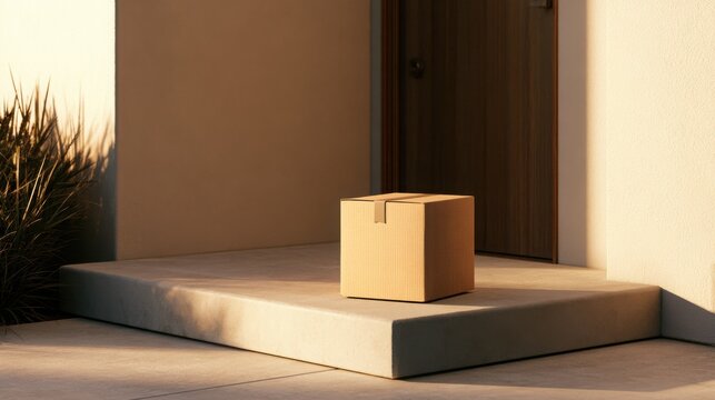 Cardboard box package sits unattended on the concrete doorstep in the sunlight.