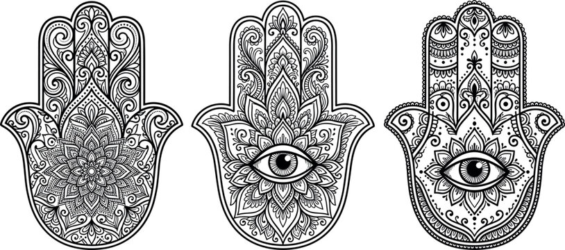 Ornate Hamsa hand vector illustration with mandala and evil eye patterns in outline style