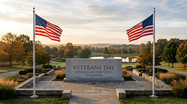 Veterans Day memorial monument stone with American flags in a scenic park