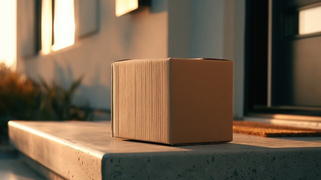 Cardboard package rests on a concrete doorstep outside a house entrance in warm evening sunlight.