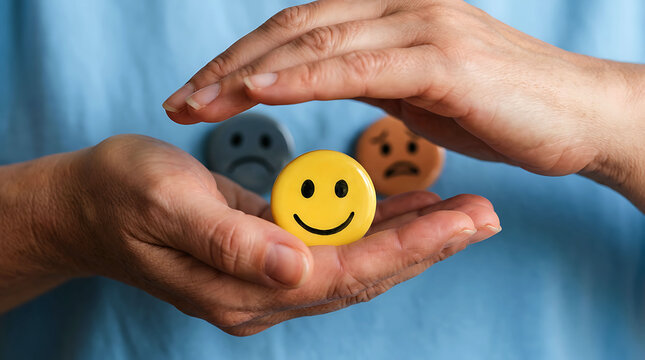 Person cupping hands around a happy yellow smiley face token with sad emotions