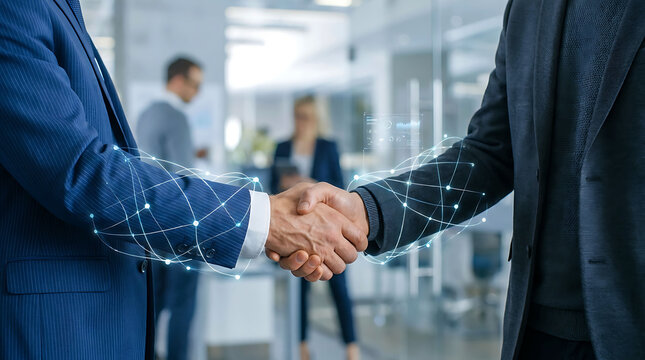 Corporate partnership and business deal handshake with futuristic data network
