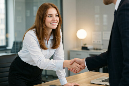 Confident young businesswoman and her partner shake hands in a modern office, finalizing an agreement with optimism and trust.