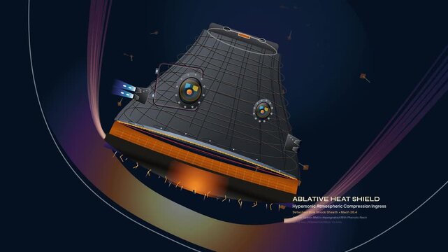3D animation of a spacecraft capsule during atmospheric reentry, focusing on the ablative heat shield, endothermic pyrolysis, peak aerothermal flux, and supersonic deceleration phases