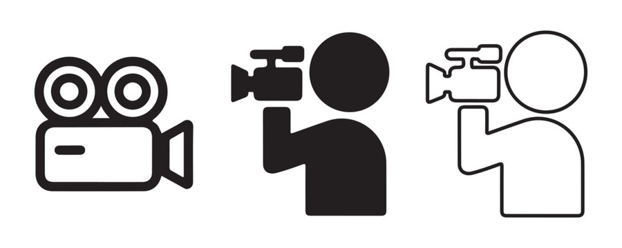 Video camera and videographer icons set featuring recording equipment for film production web projects.