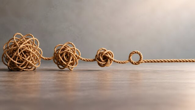 "Stages of unravelling a tangled rope into a straight line symbolizing problem solving mental clarity and simplifying complex situations"
