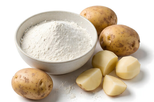 Bowl of organic potato starch flour with whole and sliced raw potatoes