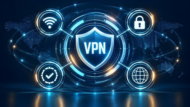 Global VPN Network Concept with Digital Shield and Internet Connection Nodes on World Map