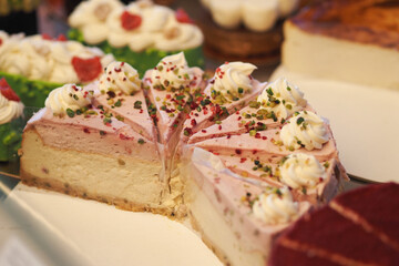 Delicious cakes displayed in a bakery showcasing various flavors and designs