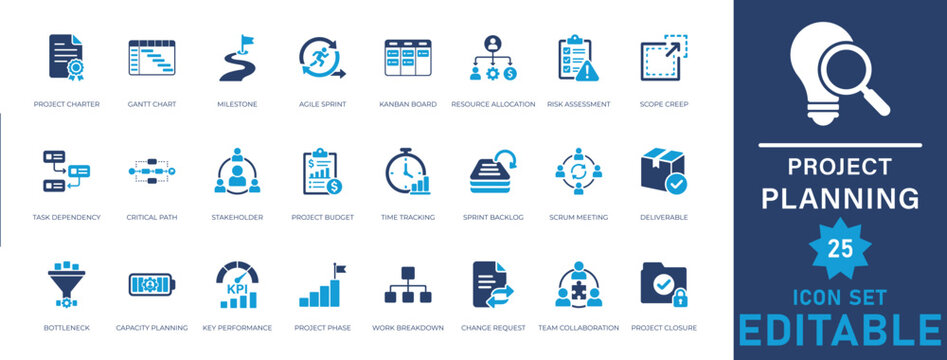 Project planning solid icon set. Featuring assessment, budget, efficiency, timeline, and schedule. Editable vector icons for teamwork checklist, dashboard report, and communication