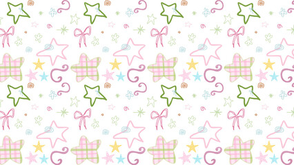 Obraz premium Pastel baby pattern with stars and bows, cute nursery wallpaper background, hand drawn whimsical star doodles for gift wrap and textile design