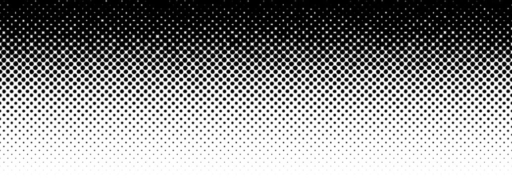 Rough defected halftone dot gradient. Uneven polka dot gradation texture. Fading comic pop art overlay backdrop. Vanishing dotted patern background. Repeated irregular raster manga wallpaper. Vector