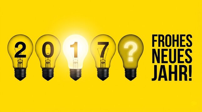 Five light bulbs spelling 2027 with one bulb lit brightly in middle for new year and ideas with german text frohes neues jahr.