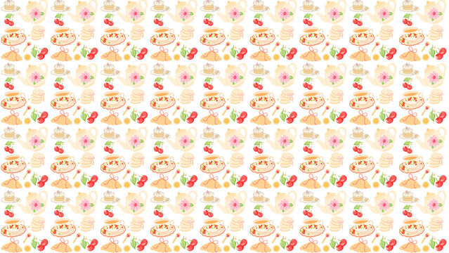 Vintage tea party seamless pattern, watercolor teapot and cupcake background, pastel floral kitchen textile design, whimsical cherry and dessert wallpaper