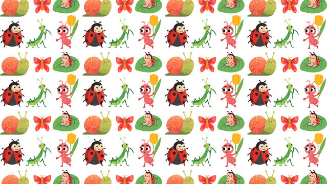 Cute insect pattern with ladybugs and butterflies, colorful garden bug seamless background, whimsical cartoon animal wallpaper for nursery decor