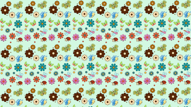 Colorful floral seamless pattern featuring cute ladybugs and various flowers on a pastel green background