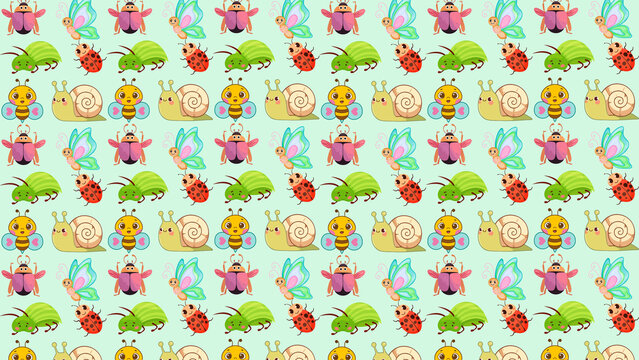 Cute cartoon insect pattern, seamless garden bug wallpaper with bees and snails, colorful butterfly and ladybug textile design for kids