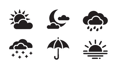 Obraz premium Set of black weather icons featuring sun moon clouds rain and umbrella shapes for mobile app interface design.