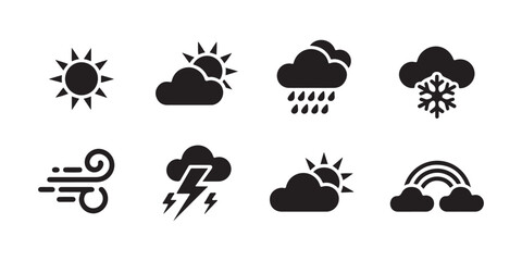Obraz premium Weather icon set featuring sun clouds rain snow wind storm and rainbow shapes for professional climate apps.