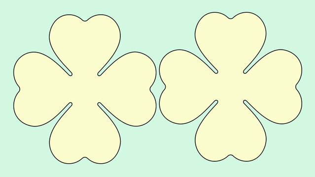 Minimalist four leaf clover shapes, pastel yellow shamrock silhouettes on mint green background, simple lucky clover icons for spring design