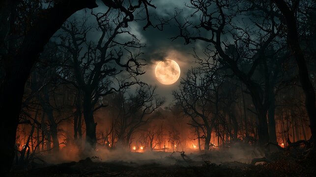 Forest Night atmospheric haunted forest at Halloween night, gnarled leafless trees with twisted branches against full moon partially obscured by dark clouds, ground fog rolling between trees, 